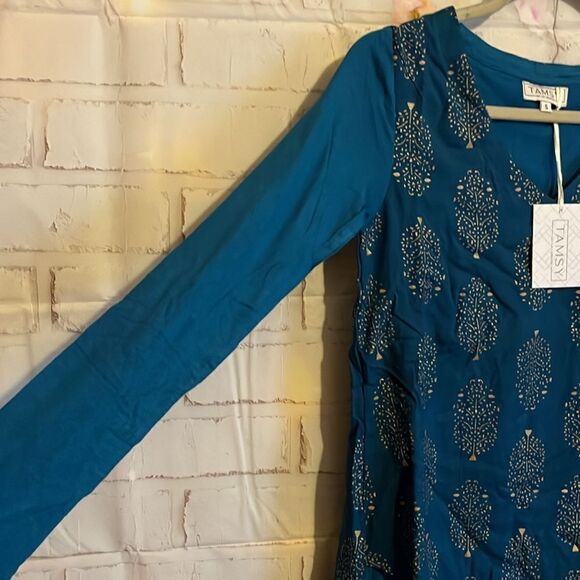 Tamsy Turquoise Color Woven Top S - Picture 6 of 13